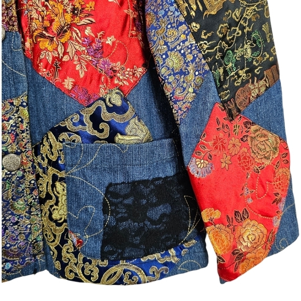 Chicos Patchwork Denim Jacket Womens Size Small Boho Jacquard Festival Vintage - Picture 14 of 16